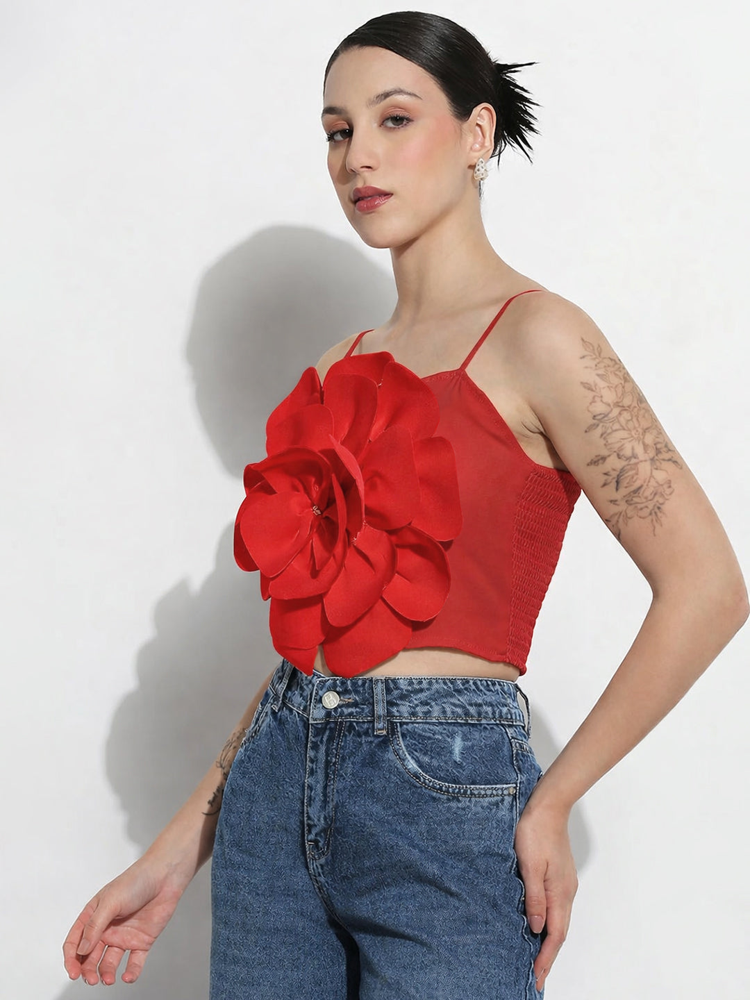 Women's Red 3D Flower Crop Top