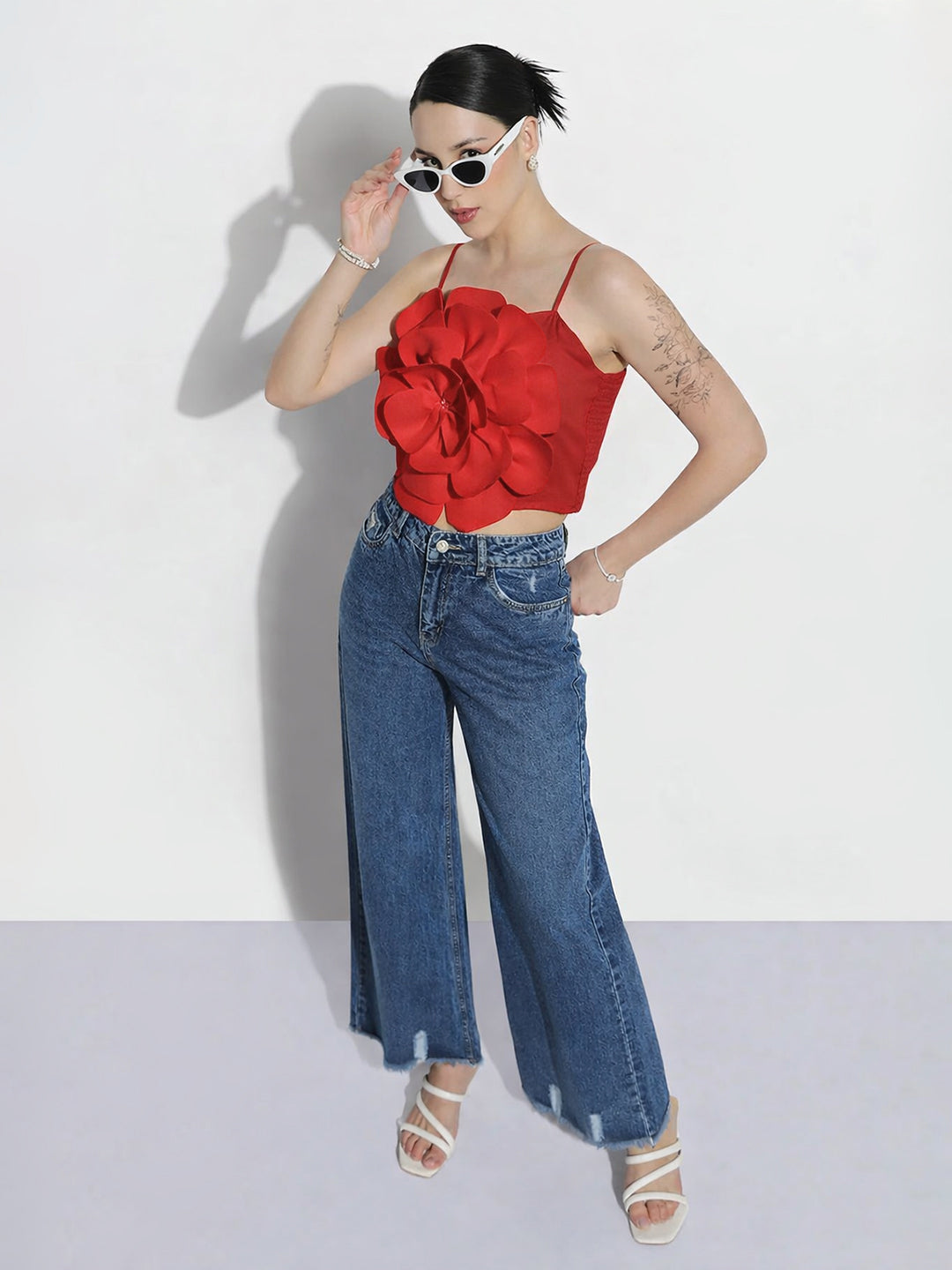 Women's Red 3D Flower Crop Top