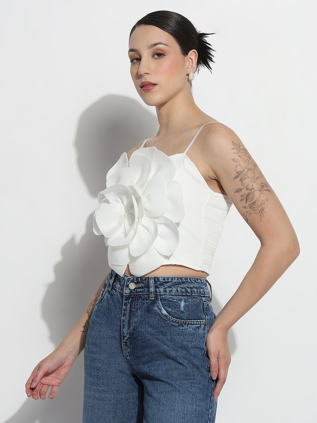 Women's White 3D Flower Crop Top