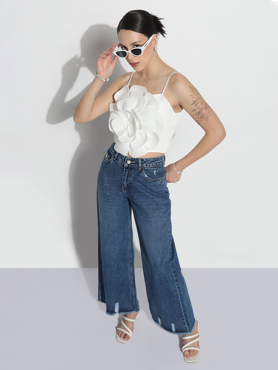 Women's White 3D Flower Crop Top