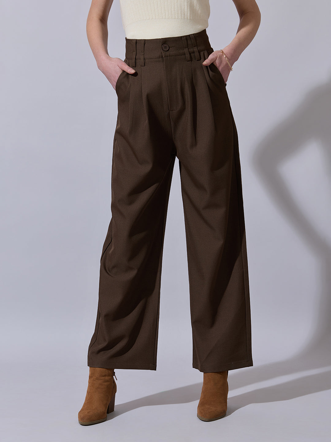 Women's Brown Relaxed Fit Wide Leg Trousers