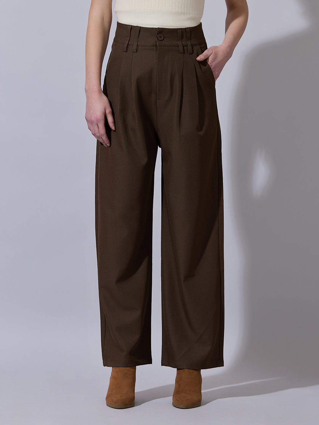 Women's Brown Relaxed Fit Wide Leg Trousers