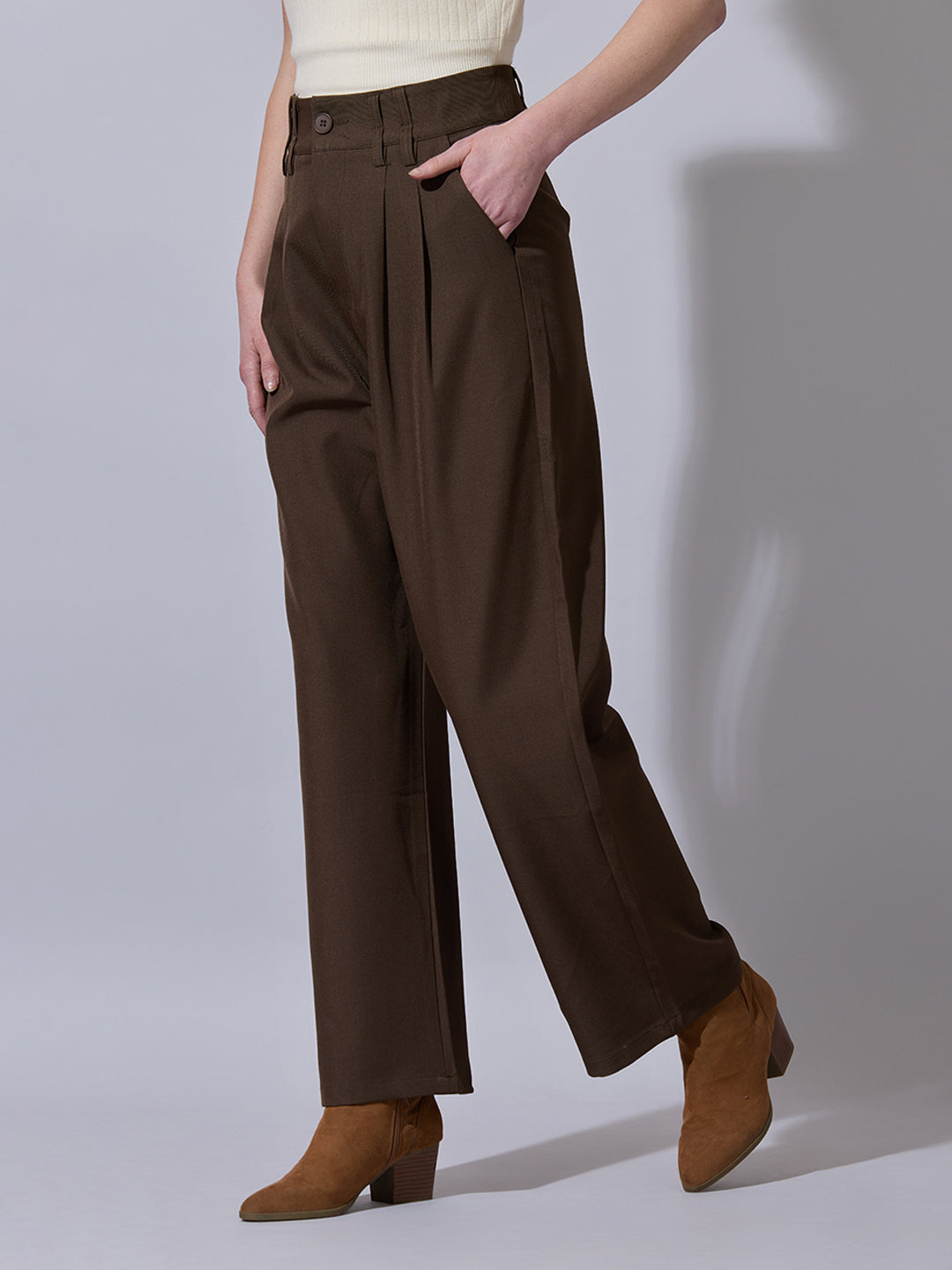 Women's Brown Relaxed Fit Wide Leg Trousers