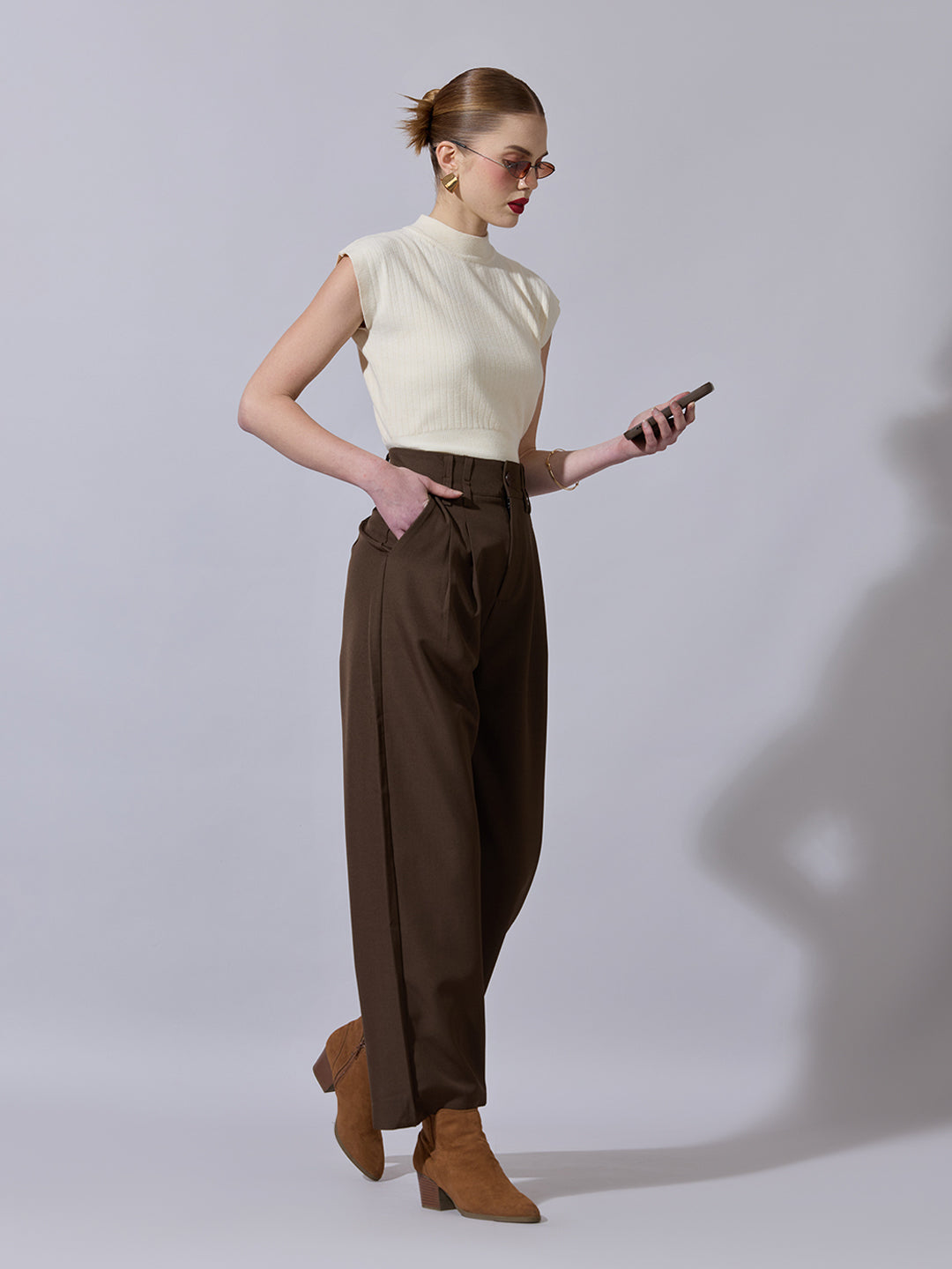 Women's Brown Relaxed Fit Wide Leg Trousers