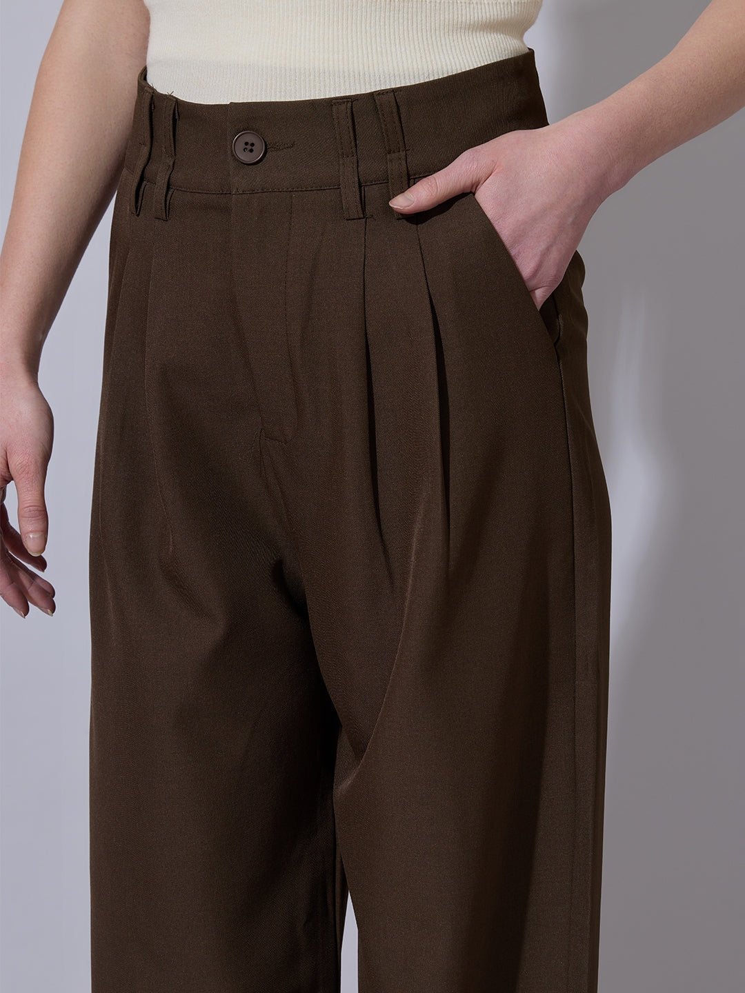 Women's Brown Relaxed Fit Wide Leg Trousers