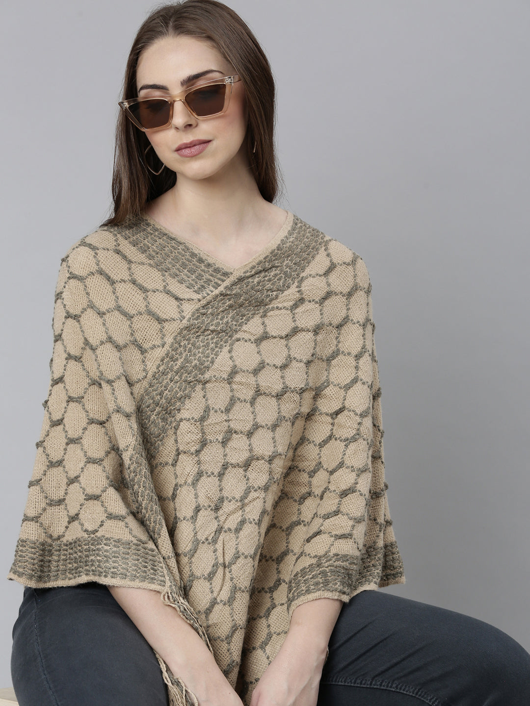 Women Beige Self Design Poncho