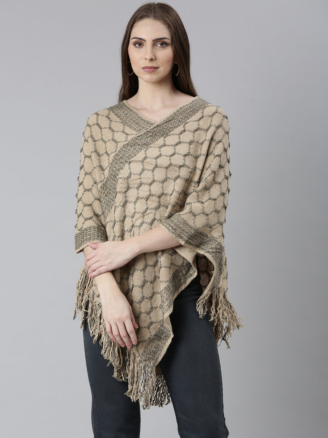 Women Beige Self Design Poncho