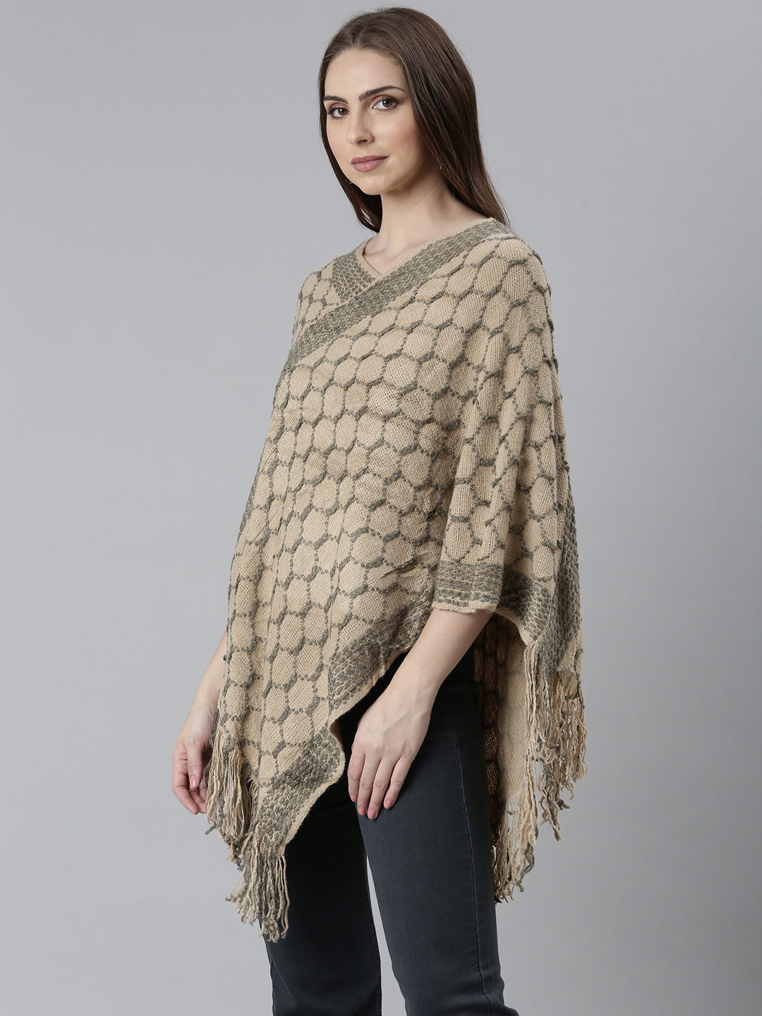 Women Beige Self Design Poncho