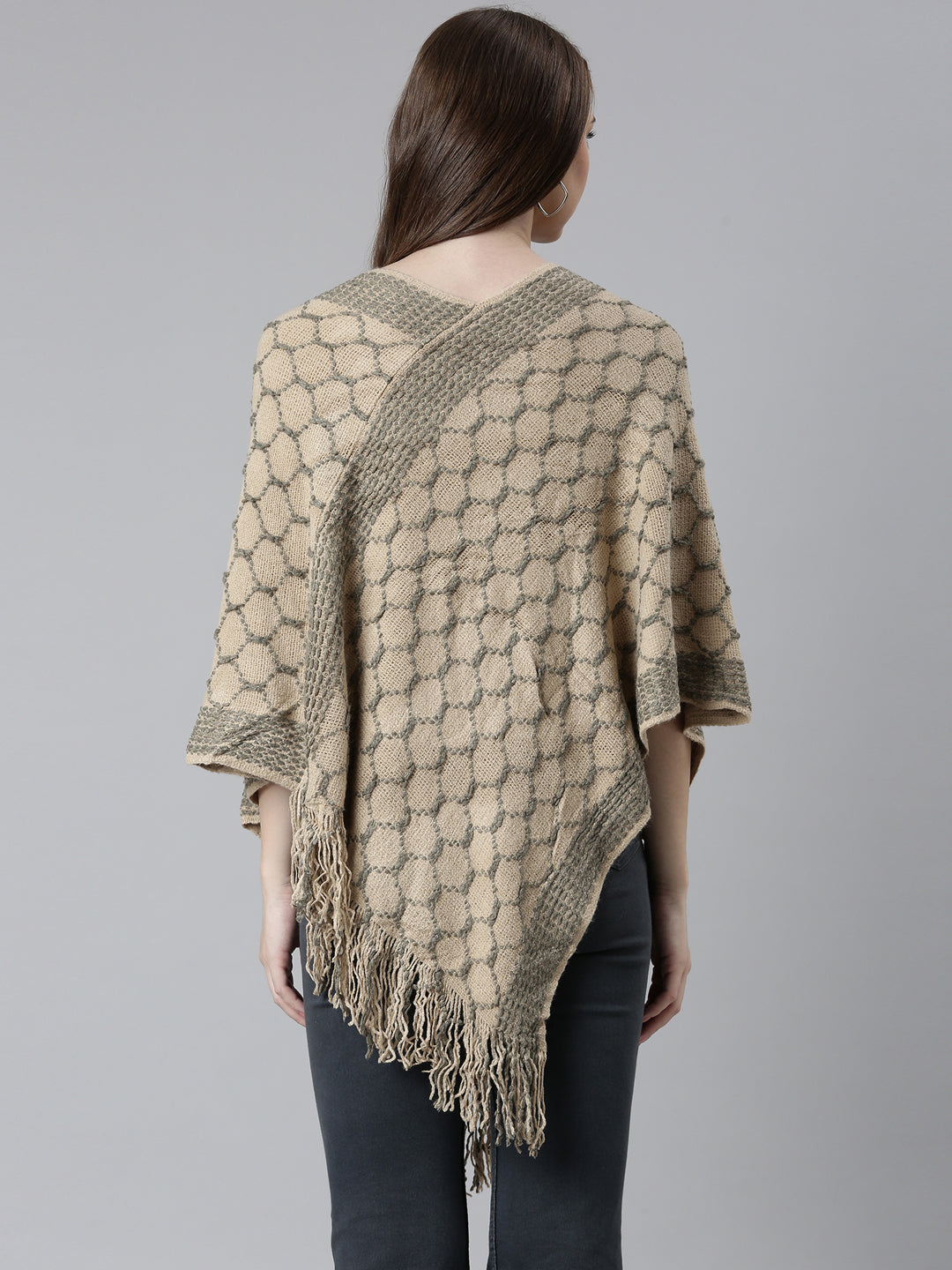 Women Beige Self Design Poncho