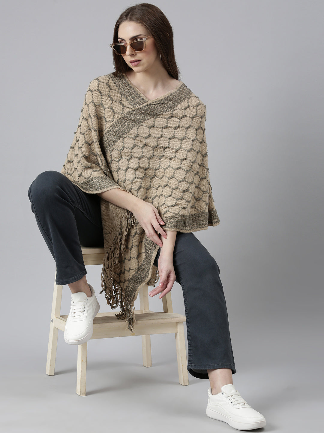 Women Beige Self Design Poncho