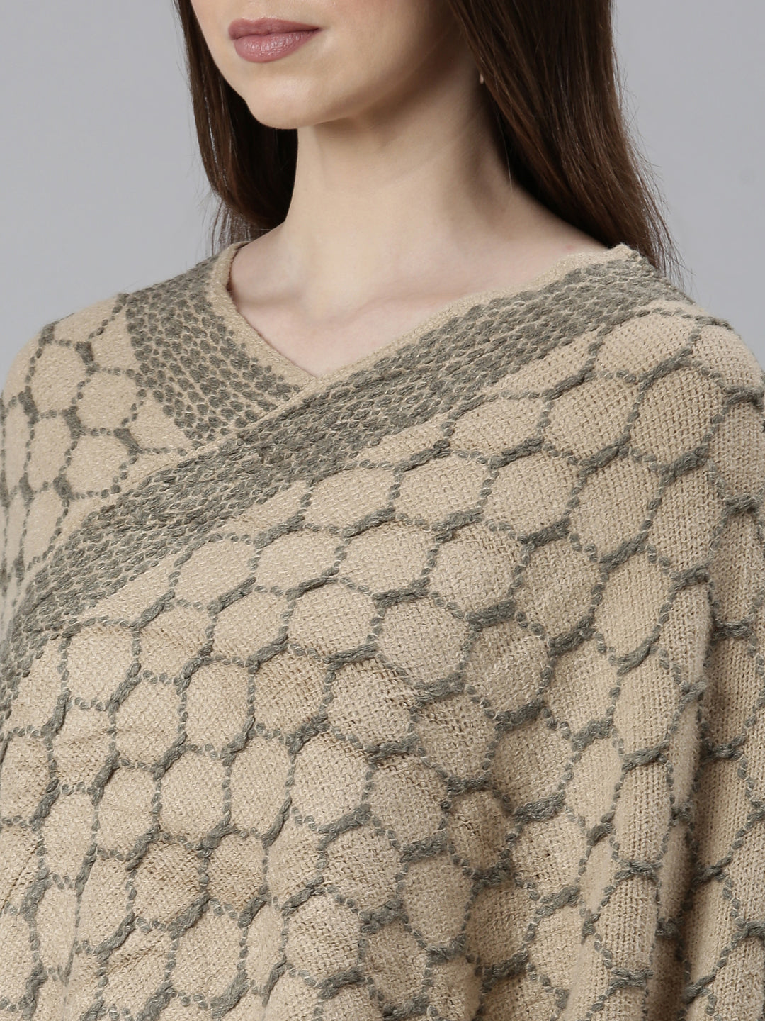 Women Beige Self Design Poncho