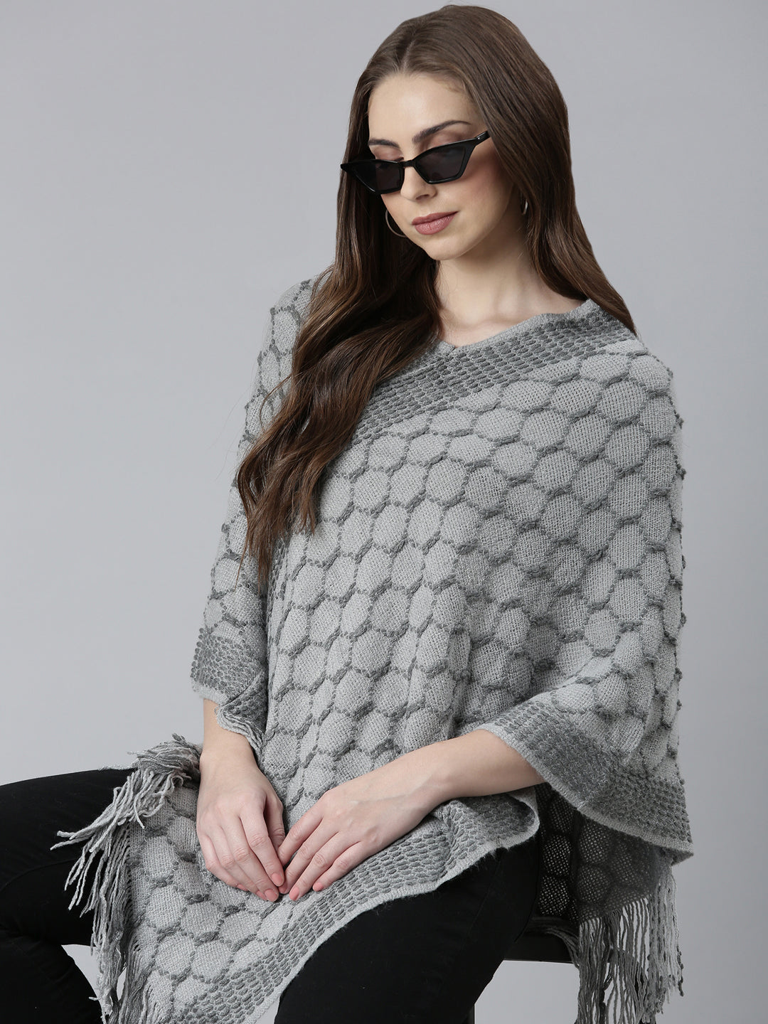 Women Grey Self Design Poncho