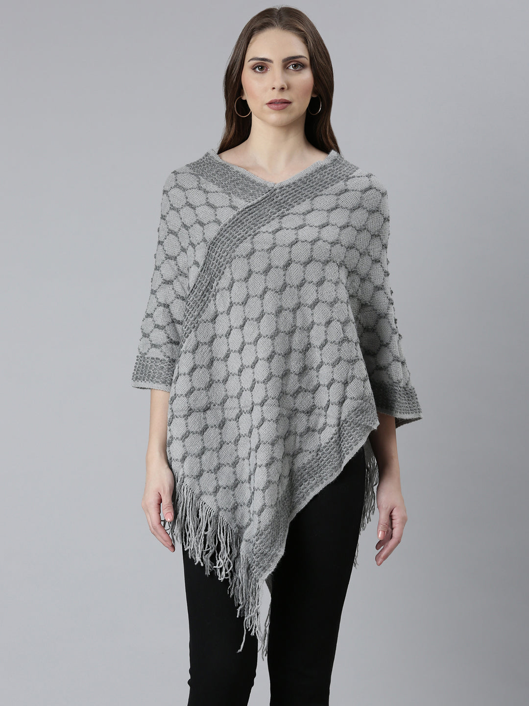 Women Grey Self Design Poncho