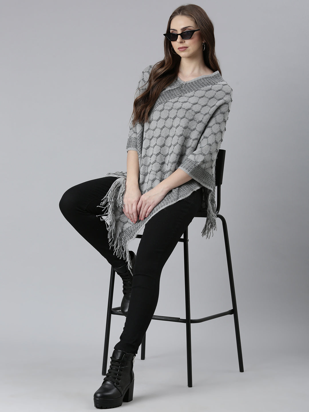 Women Grey Self Design Poncho