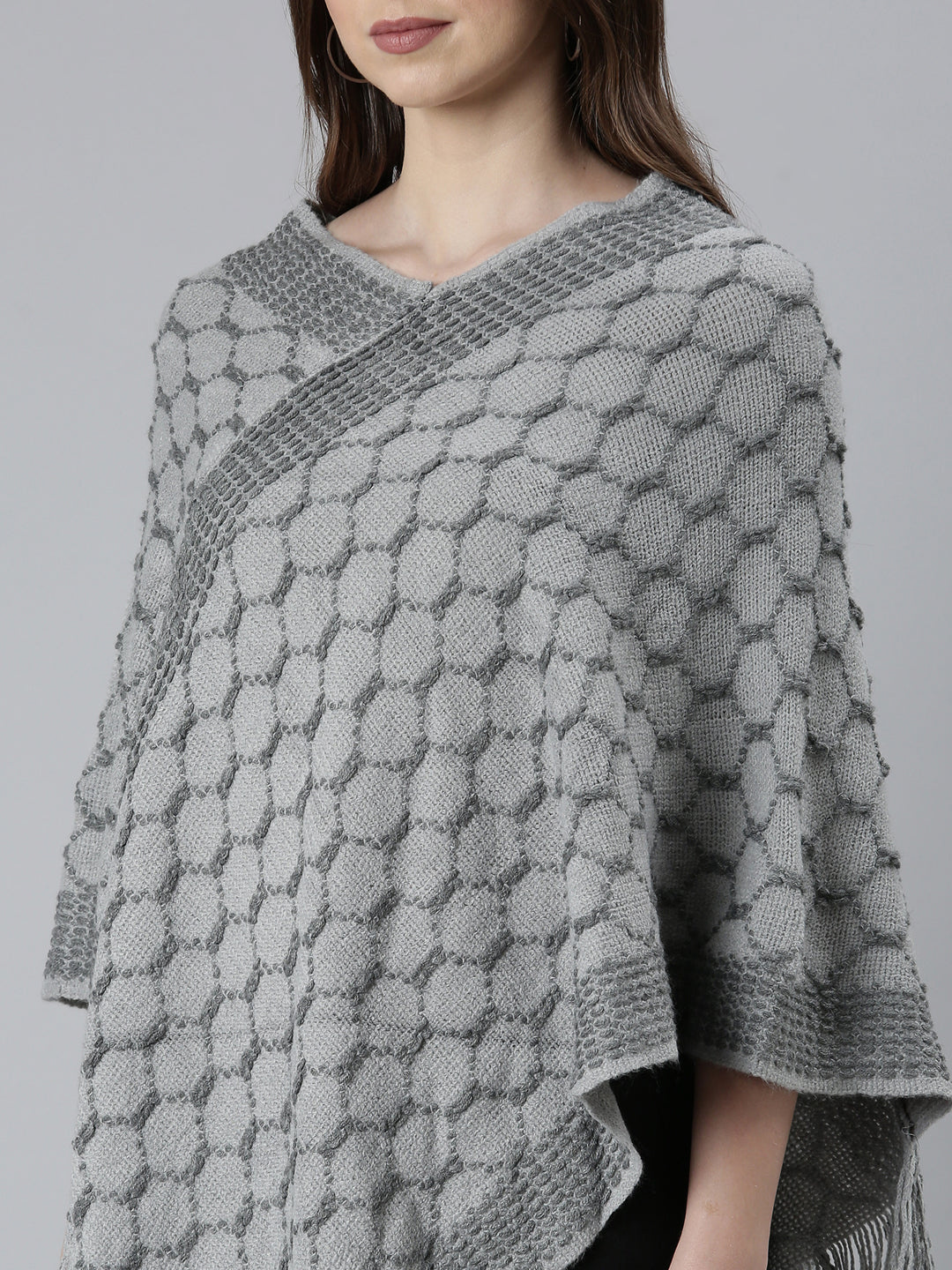 Women Grey Self Design Poncho