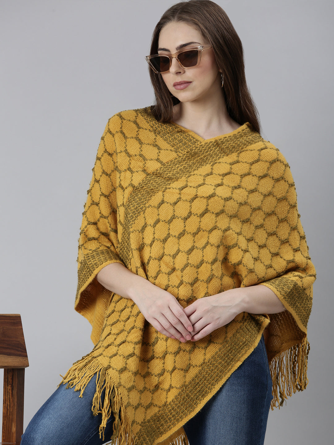 Women Mustard Self Design Poncho