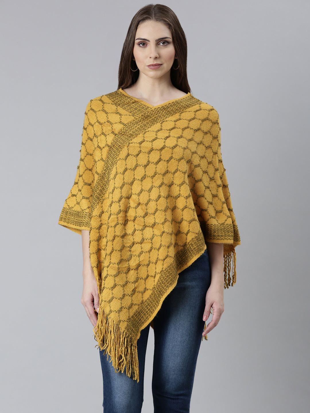 Women Mustard Self Design Poncho