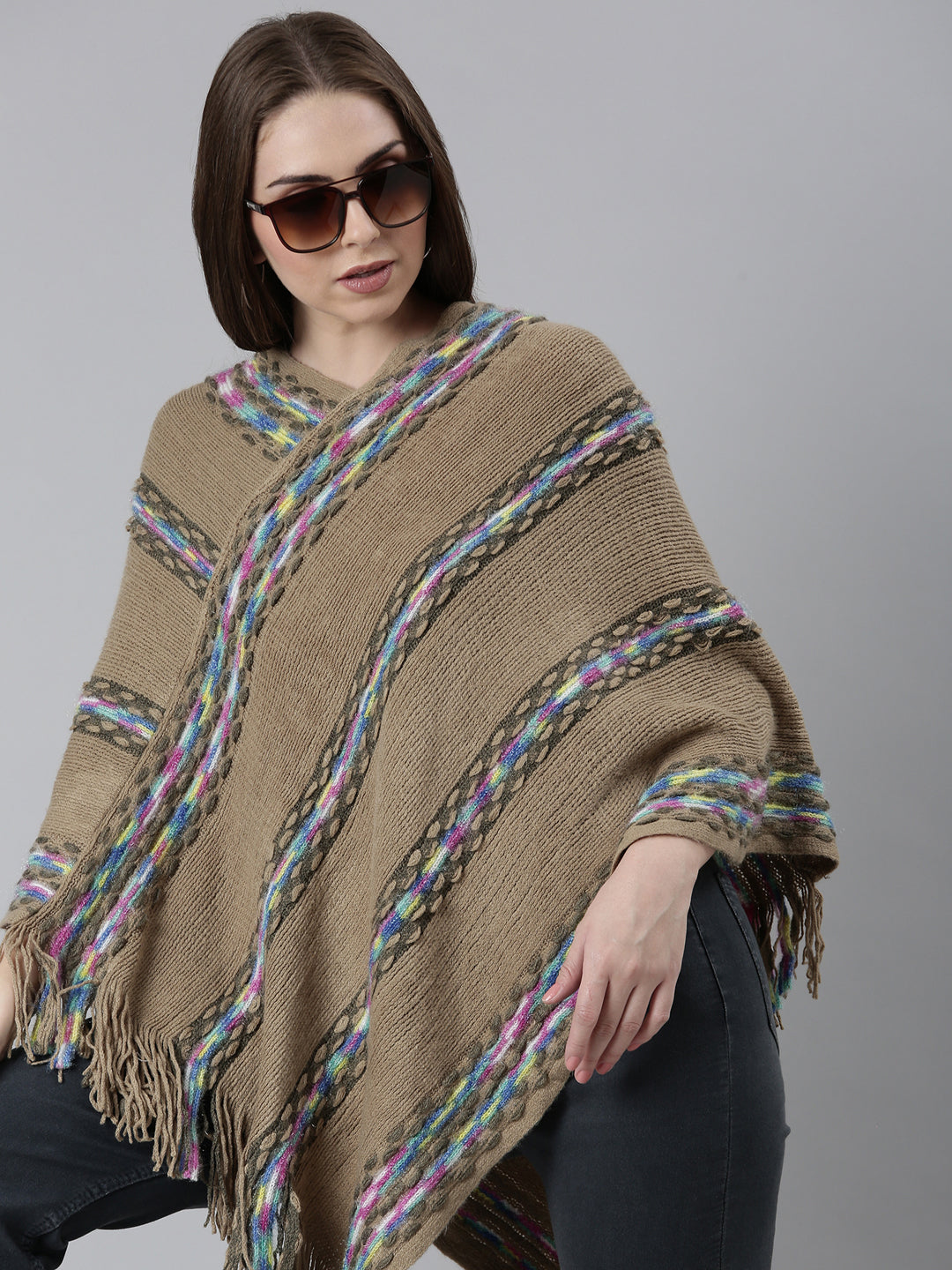 Women Khaki Self Design Longline Poncho