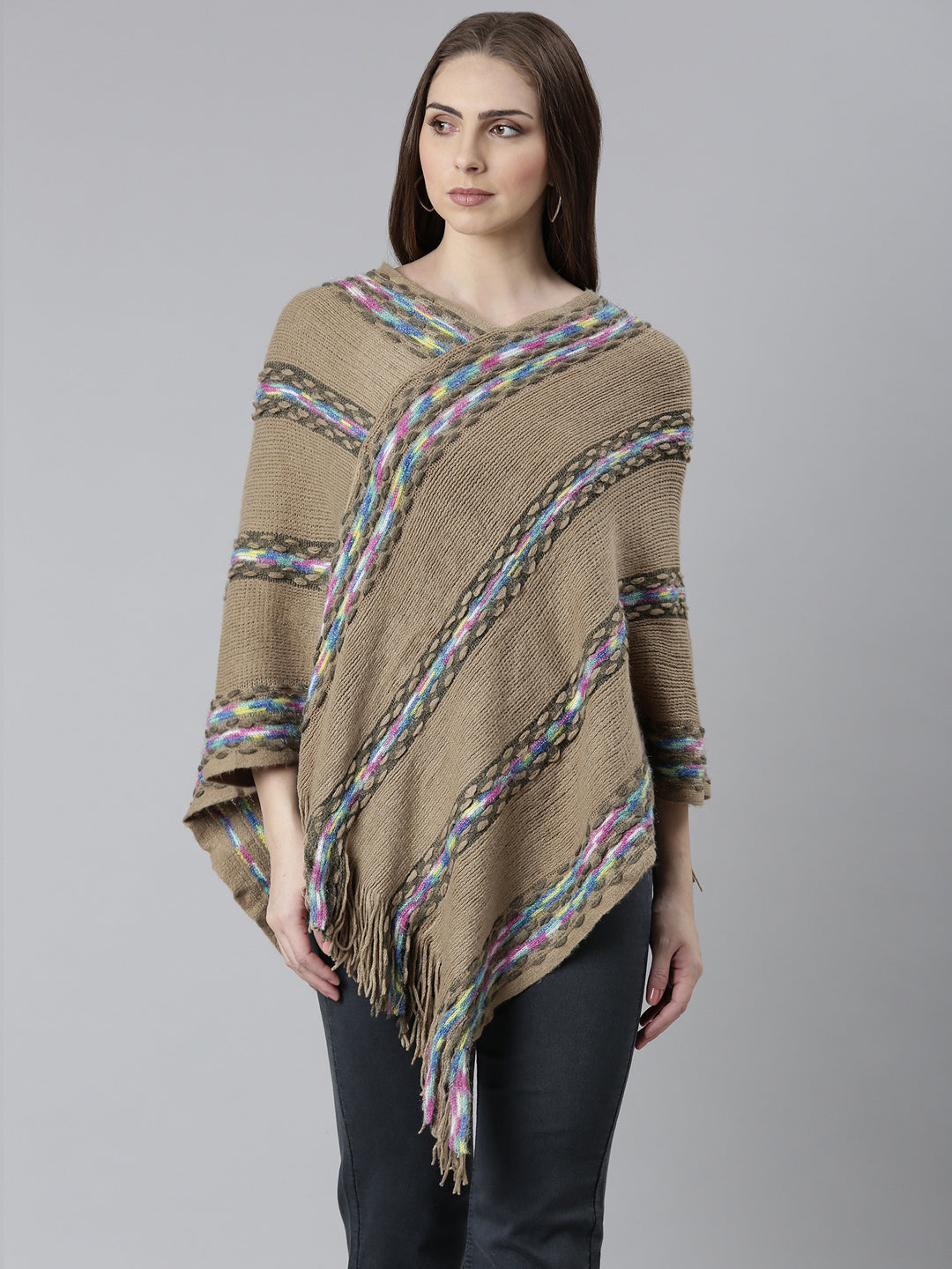 Women Khaki Self Design Longline Poncho