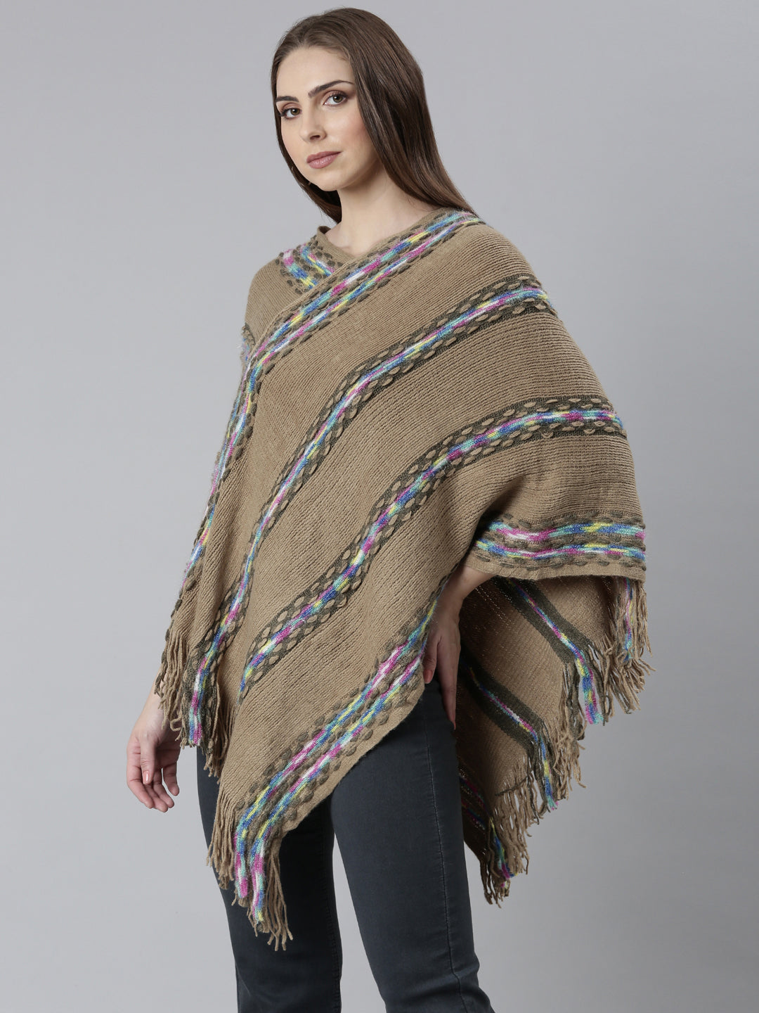 Women Khaki Self Design Longline Poncho