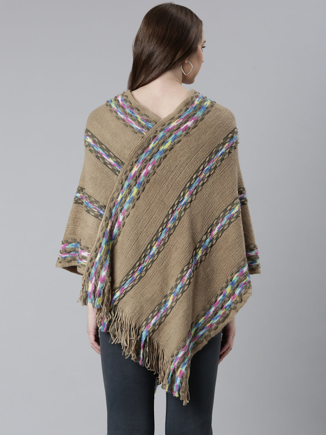 Women Khaki Self Design Longline Poncho