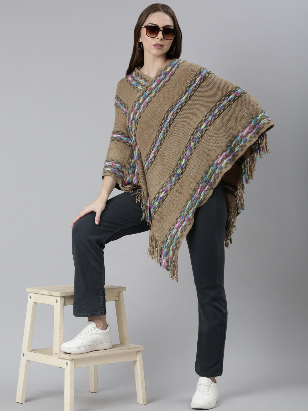 Women Khaki Self Design Longline Poncho