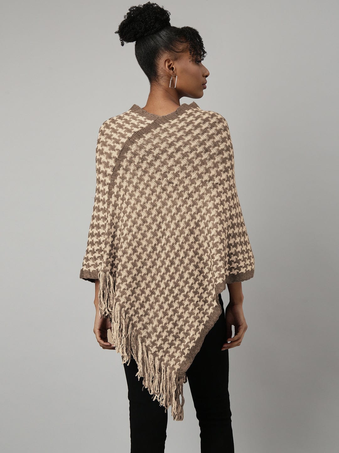 Women's Beige Houndstooth Knitted Poncho with Fringe Trim