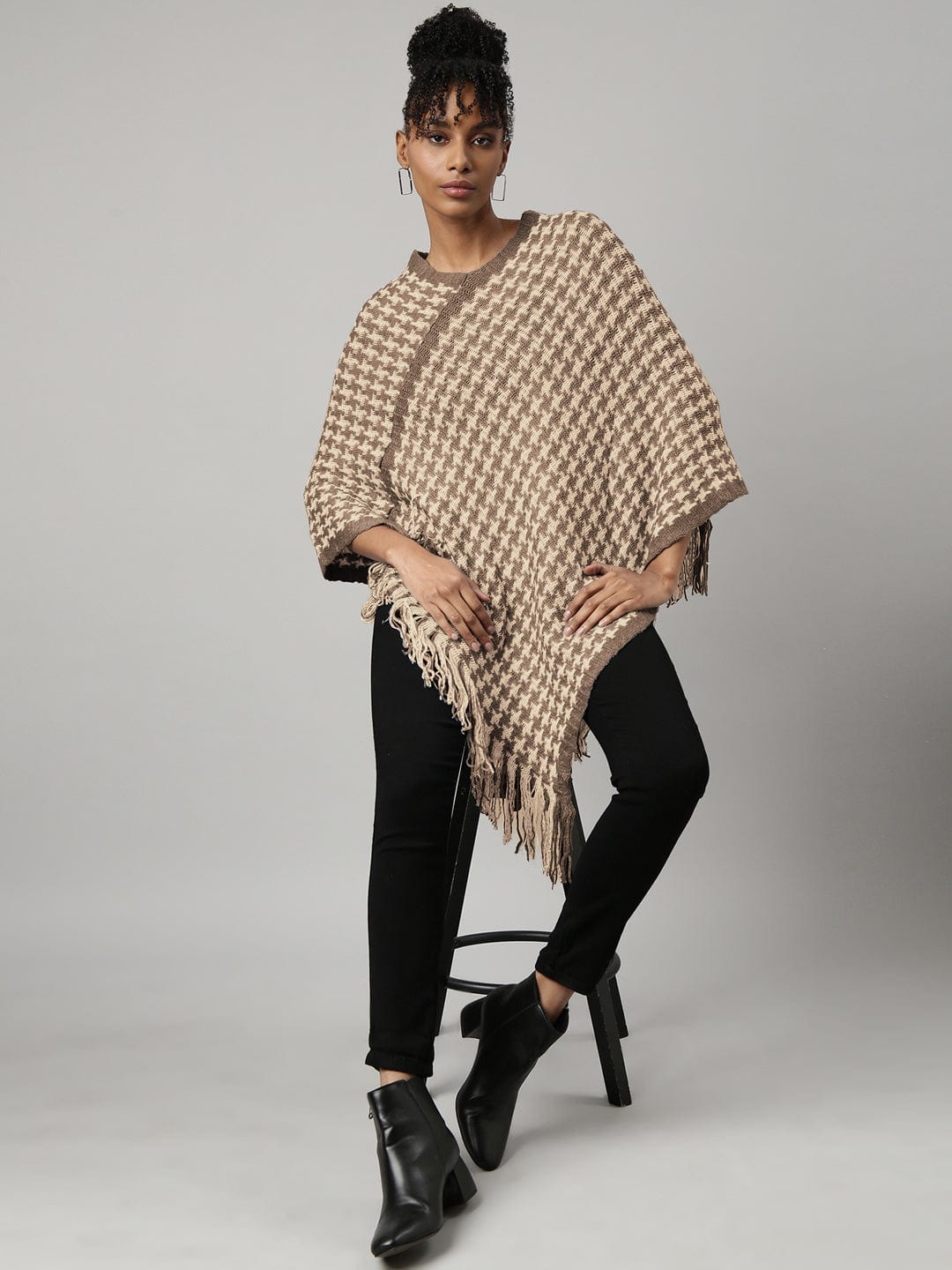 Women's Beige Houndstooth Knitted Poncho with Fringe Trim