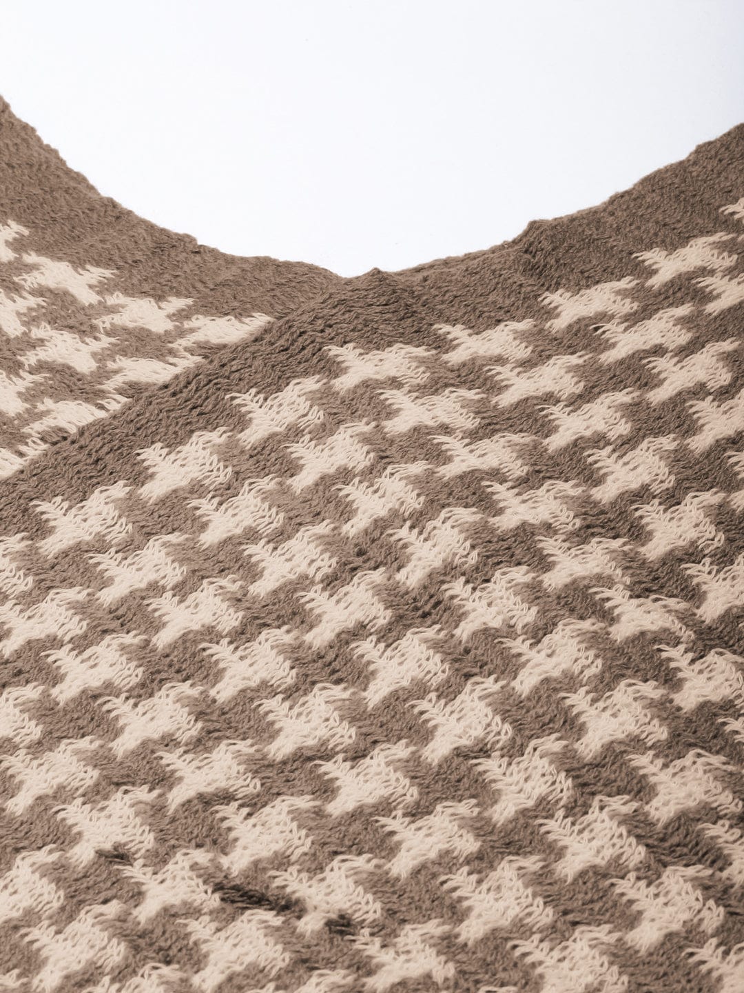 Women's Beige Houndstooth Knitted Poncho with Fringe Trim