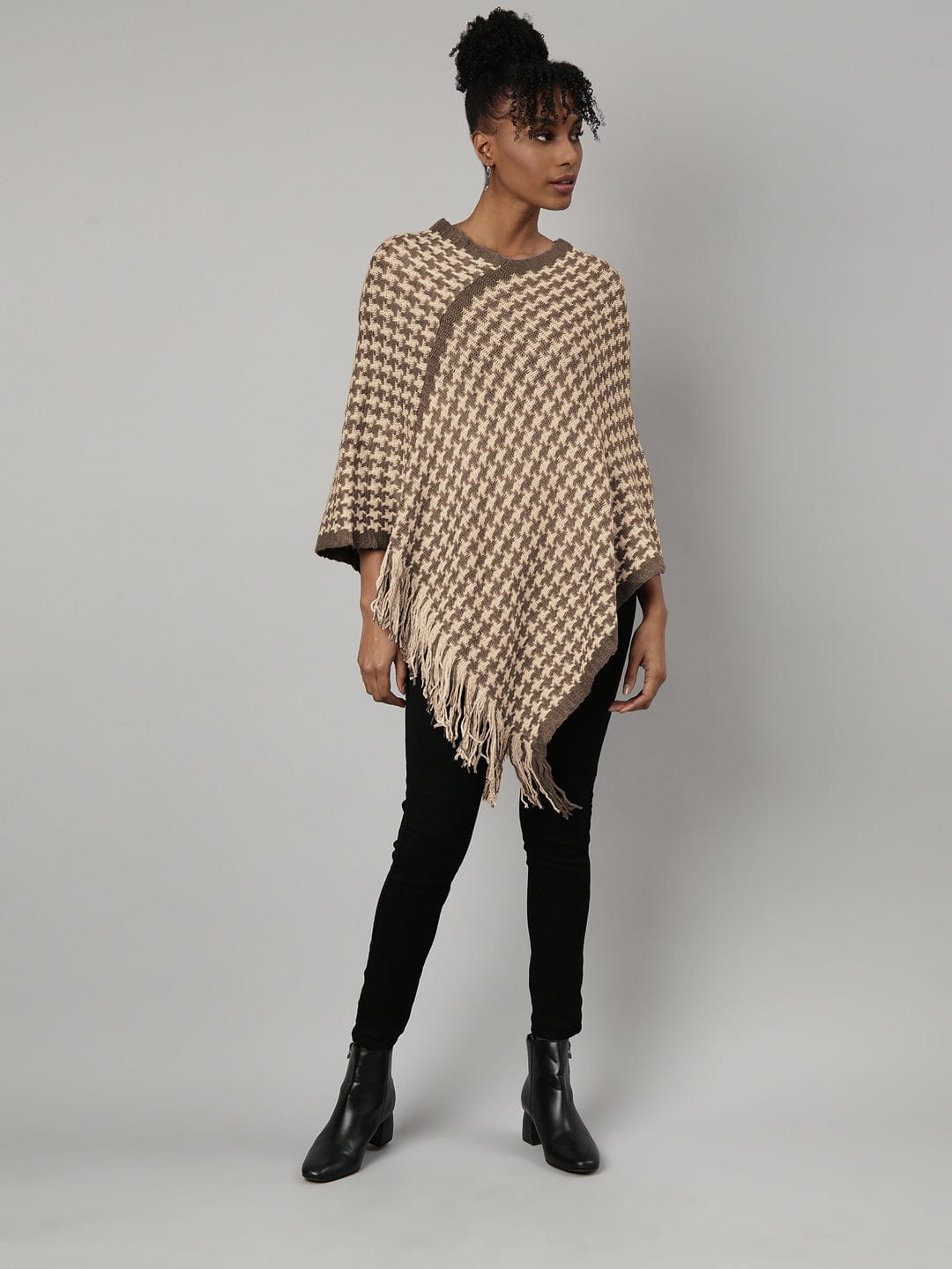 Women's Beige Houndstooth Knitted Poncho with Fringe Trim