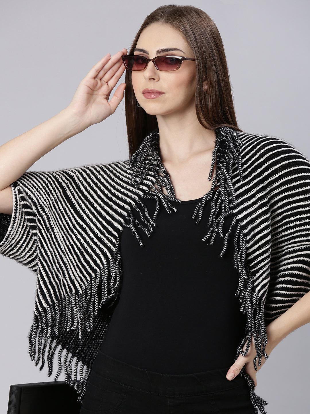 Women Black Self Design Poncho