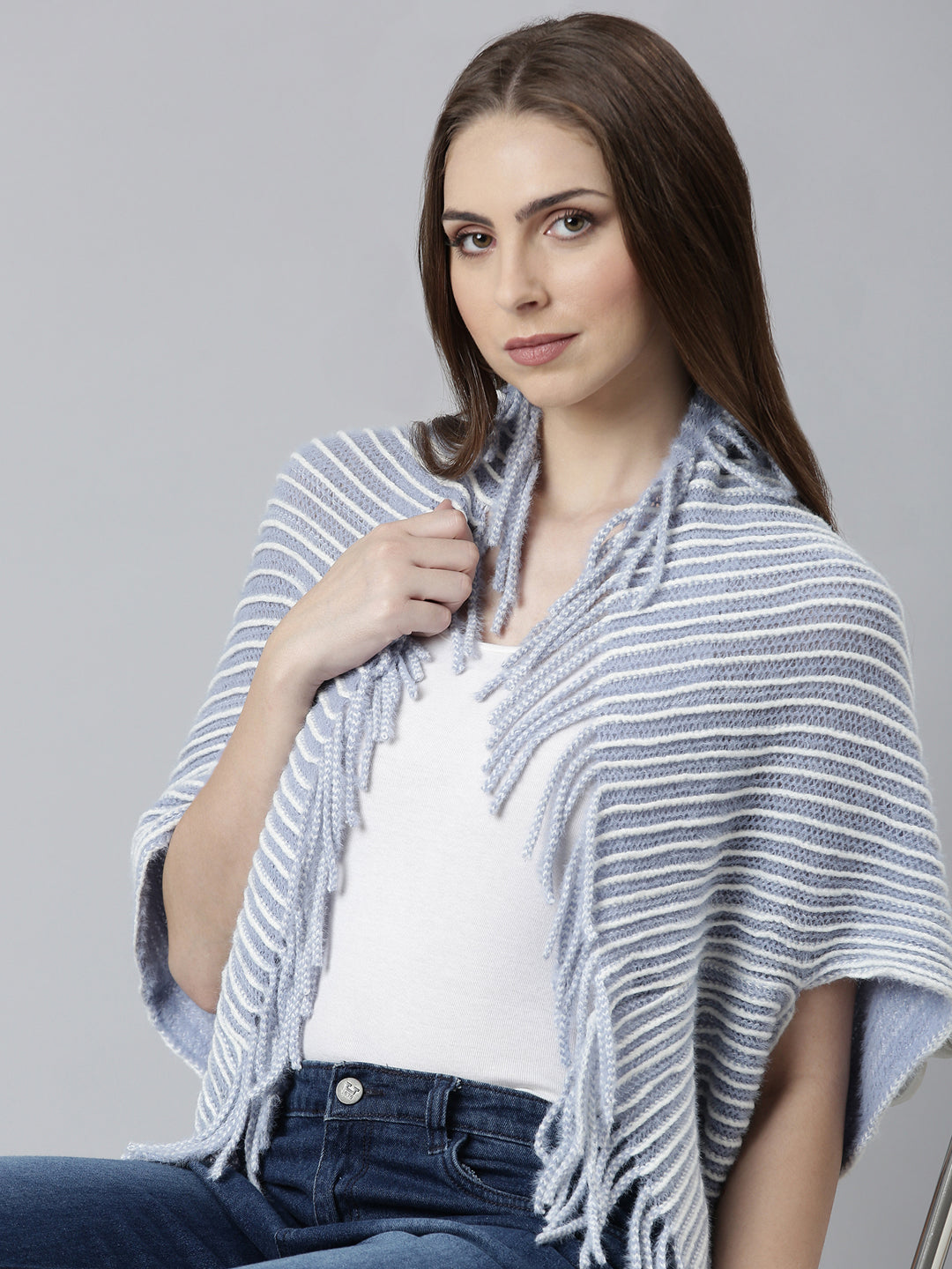 Women Blue Self Design Poncho