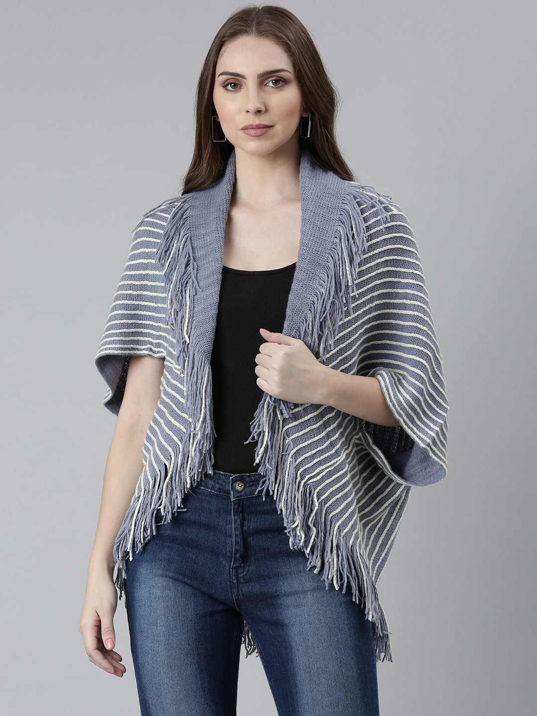Women's Blue Striped Fringed Detail Poncho