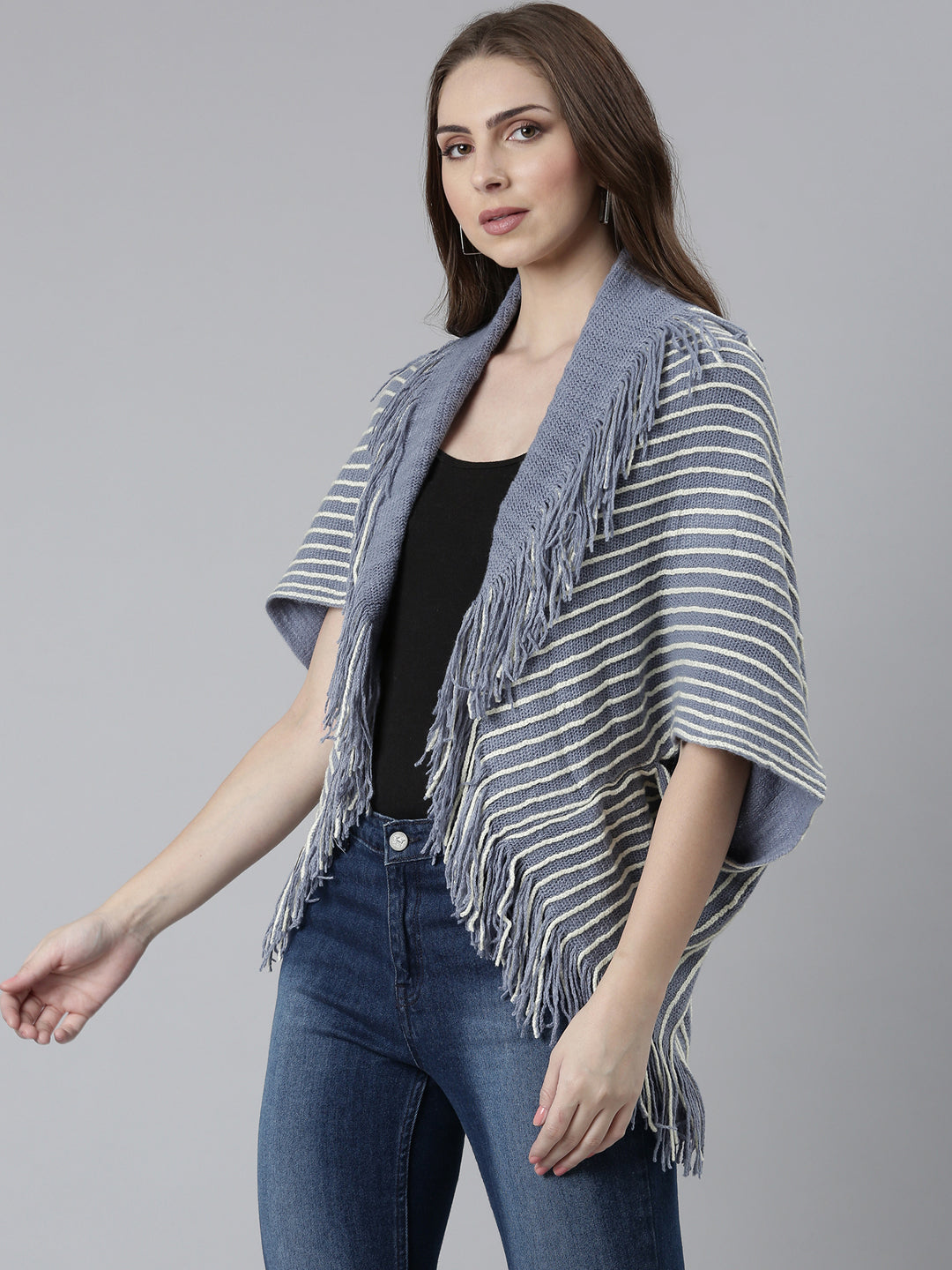 Women's Blue Striped Fringed Detail Poncho