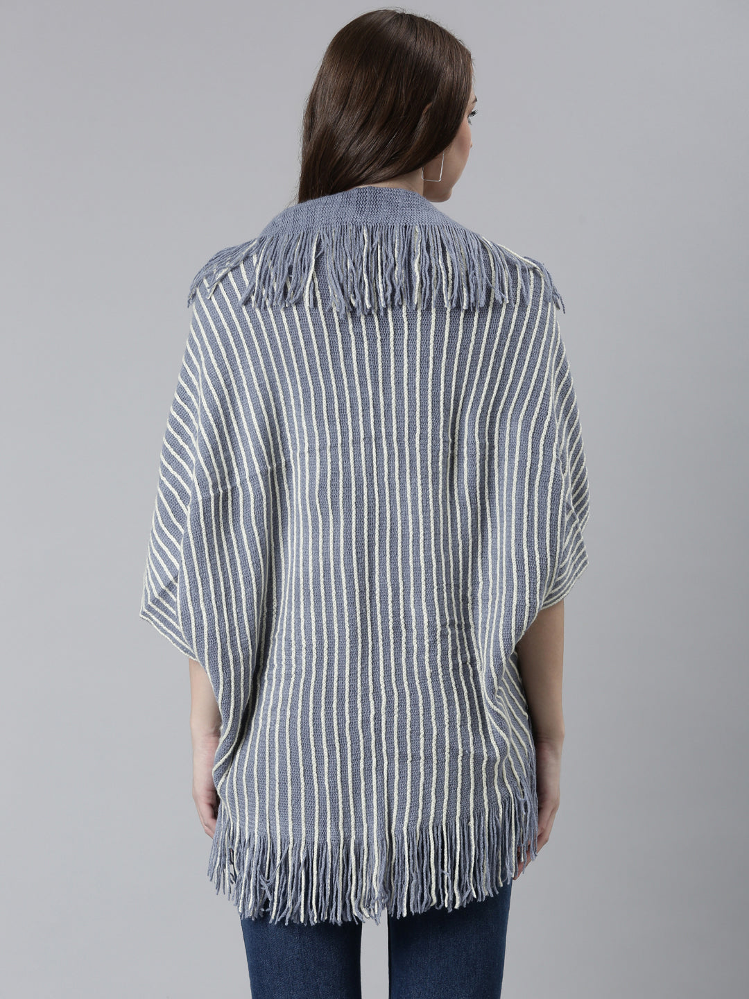 Women's Blue Striped Fringed Detail Poncho