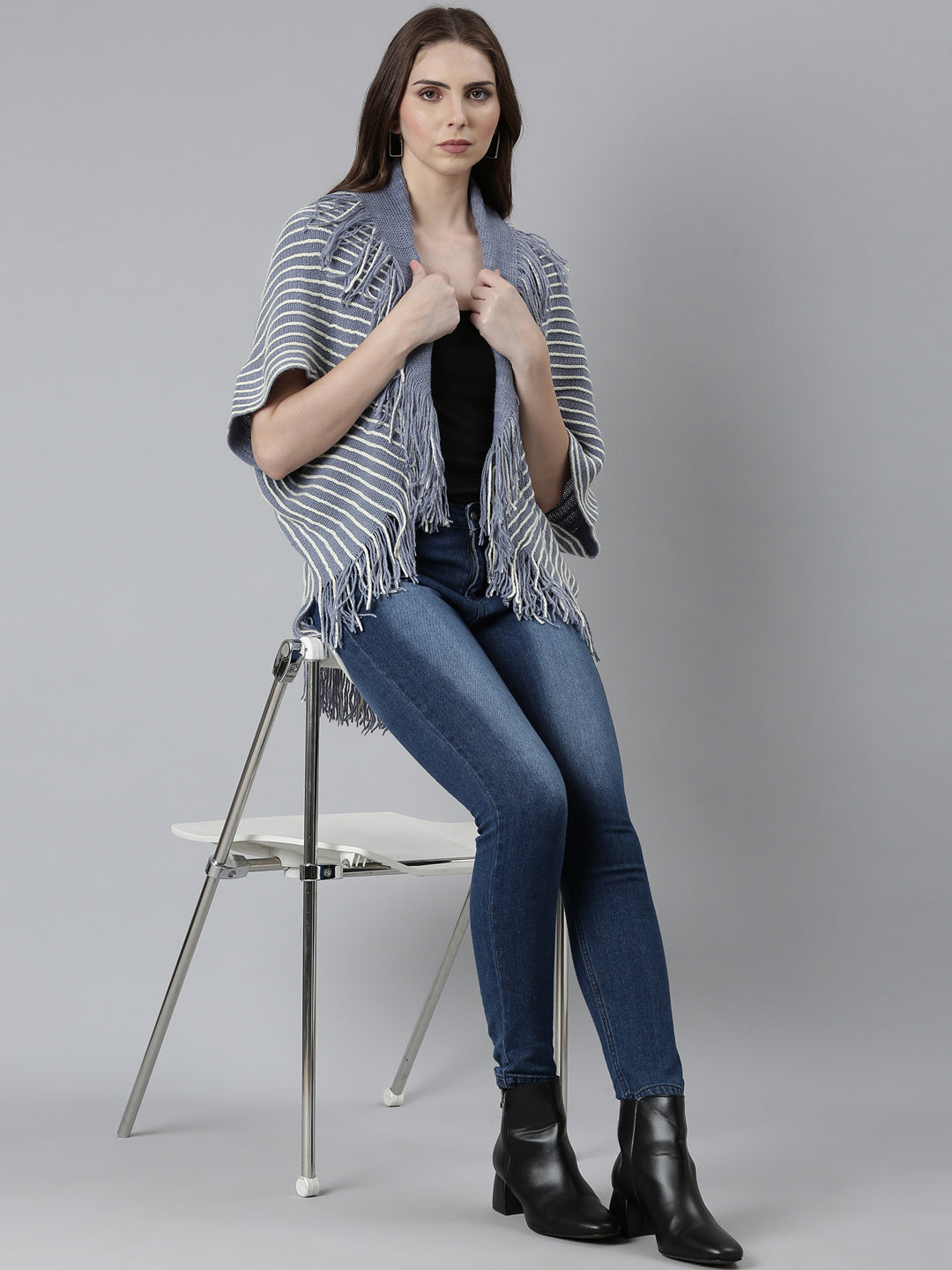 Women's Blue Striped Fringed Detail Poncho