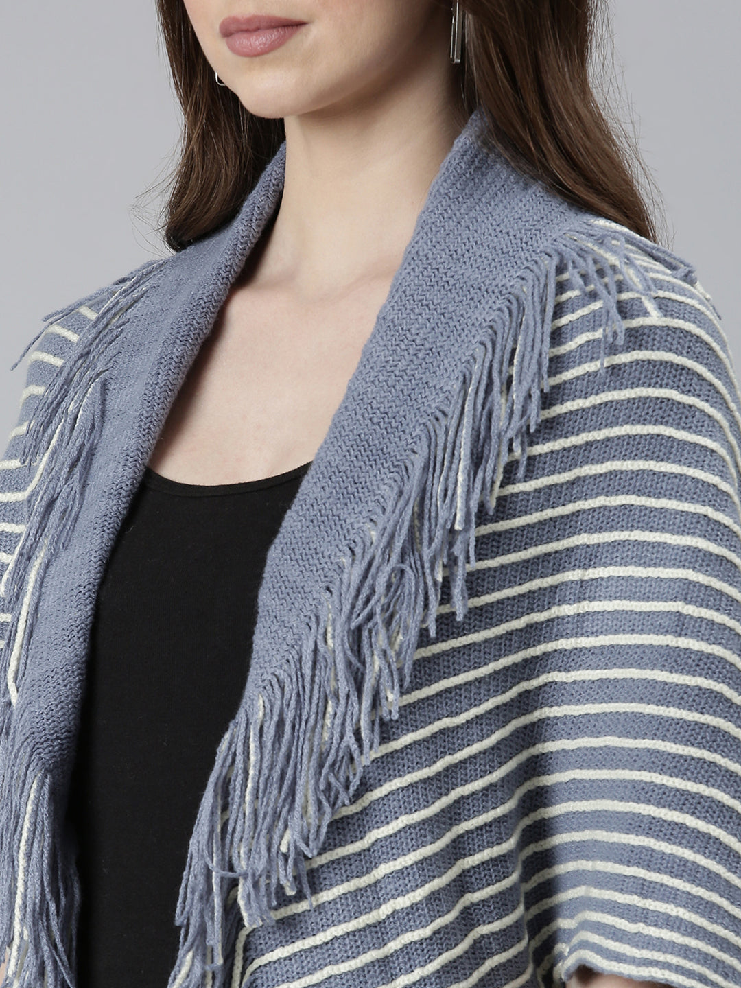 Women's Blue Striped Fringed Detail Poncho