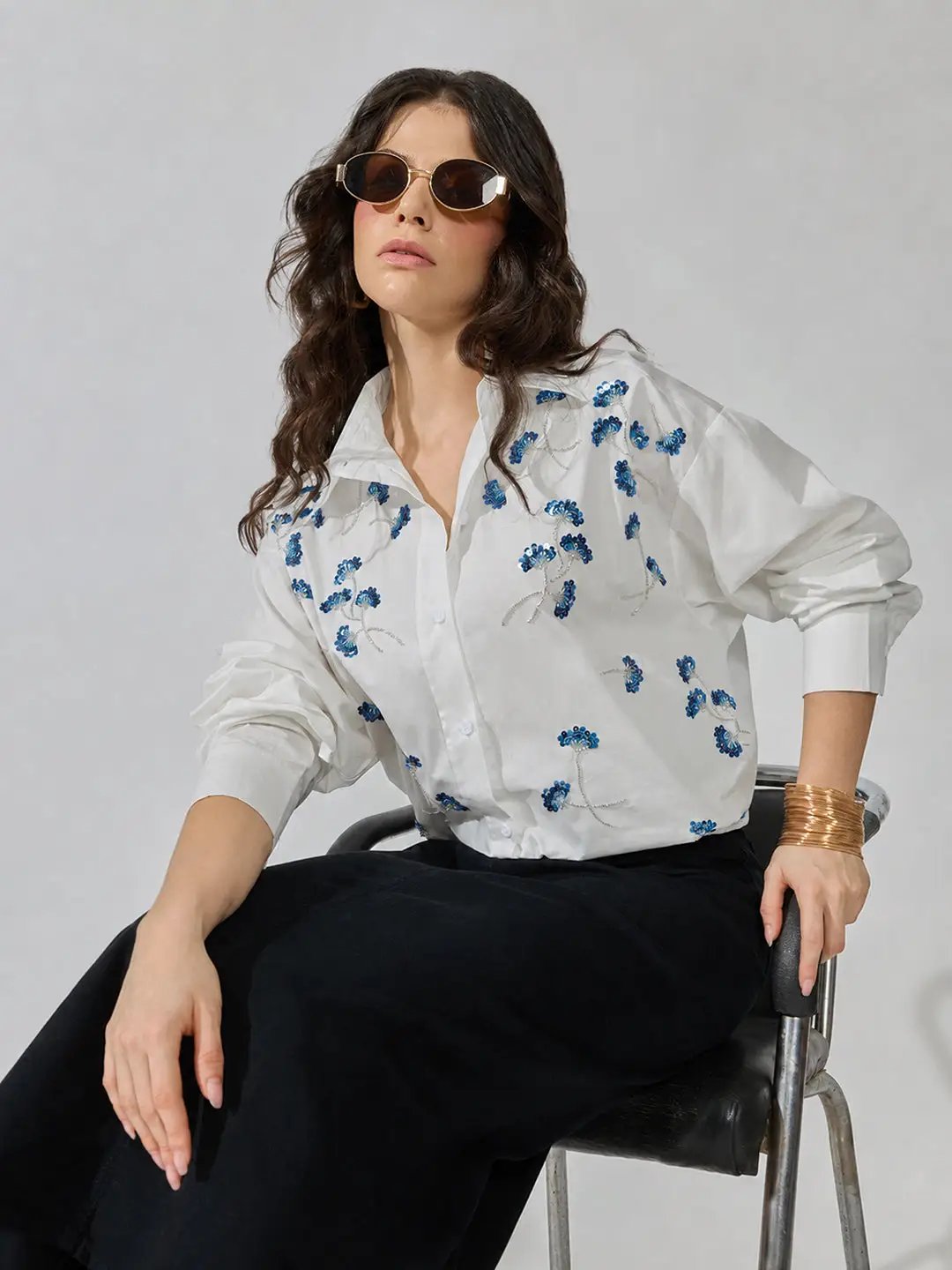 Women's White Floral Oversized Long Sleeve Shirt with Sequin Detail - from SHOWOFFFF