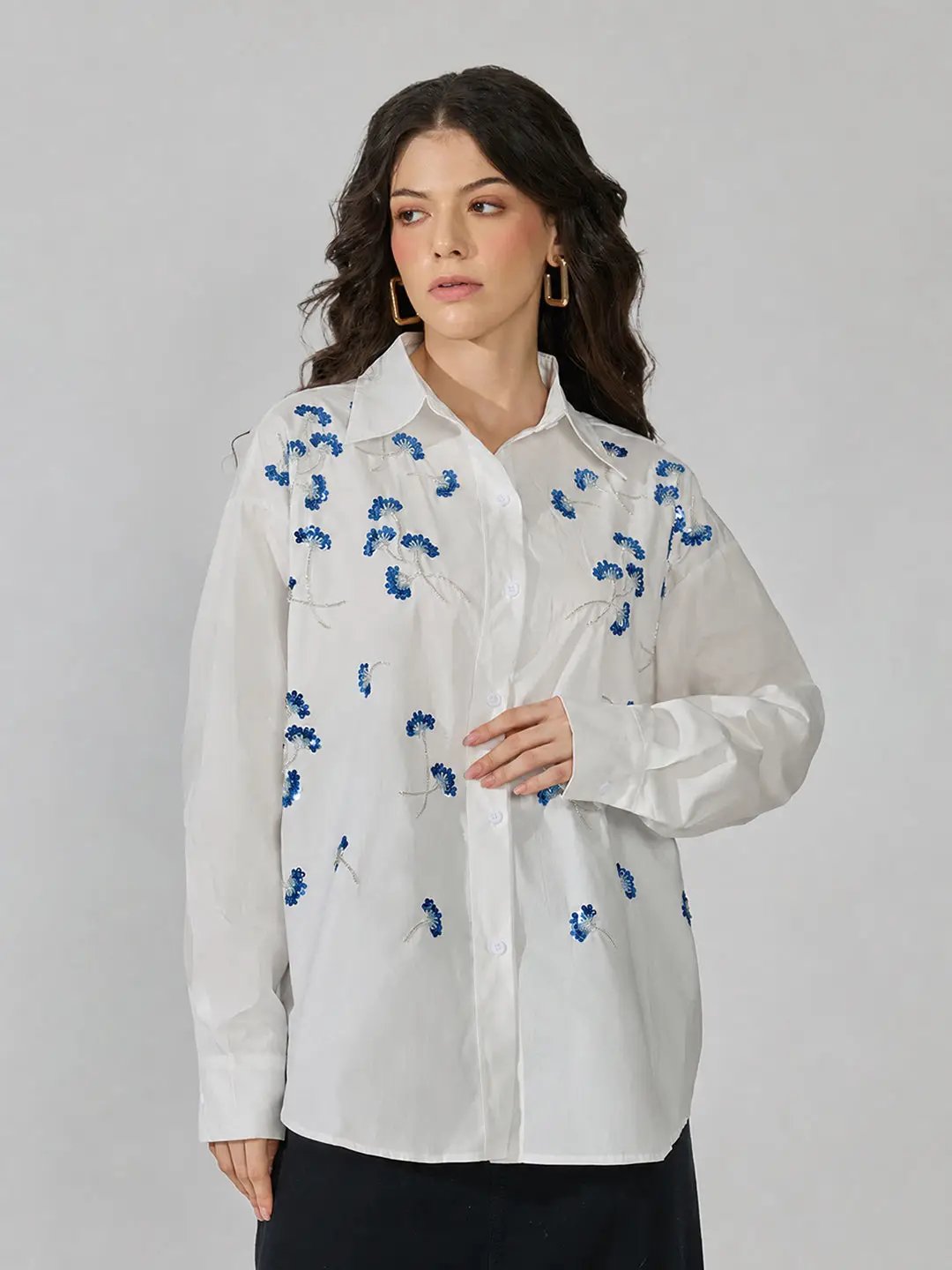 Women's White Floral Oversized Long Sleeve Shirt with Sequin Detail - from SHOWOFFFF