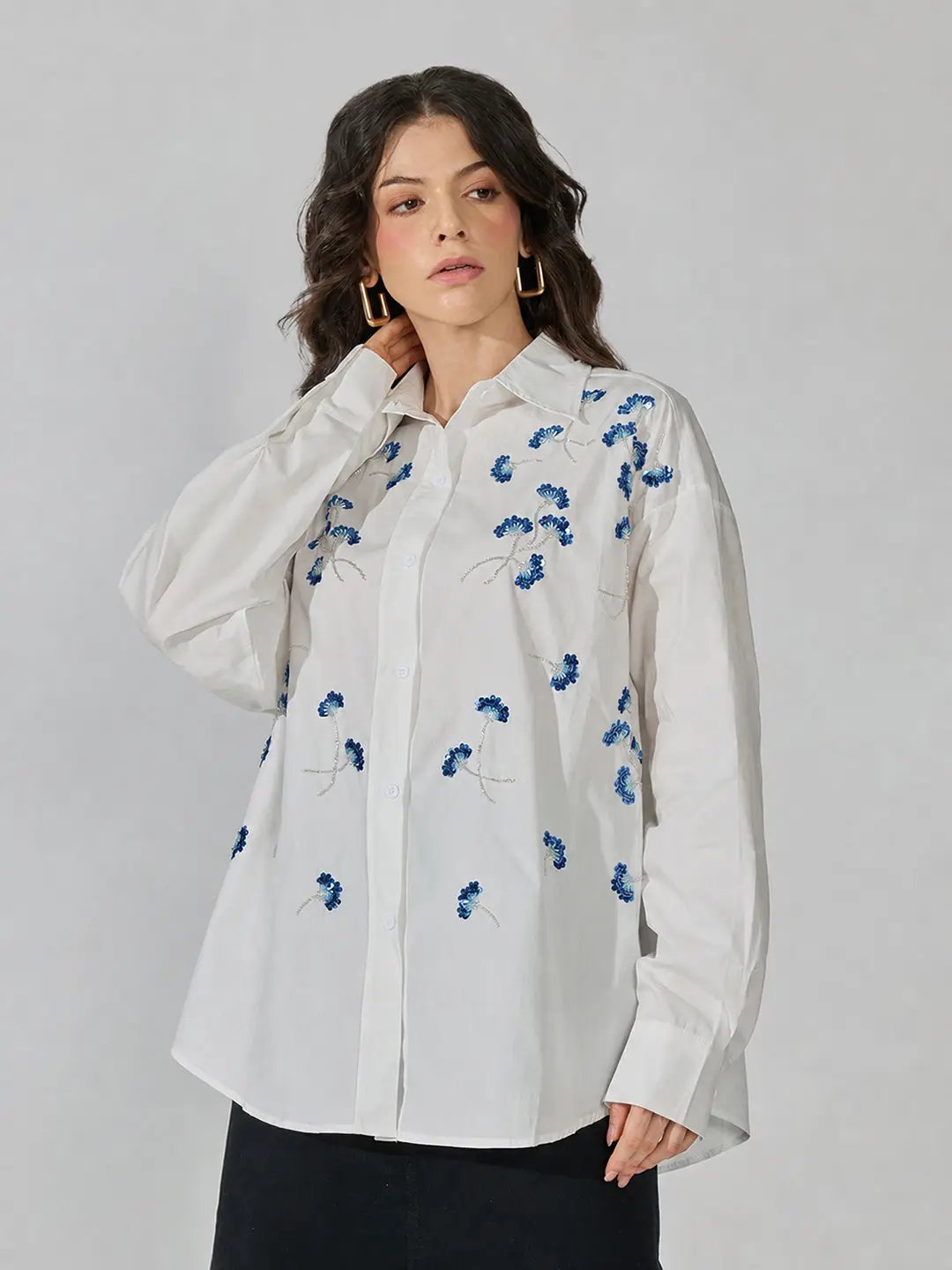 Women's White Floral Oversized Long Sleeve Shirt with Sequin Detail - from SHOWOFFFF