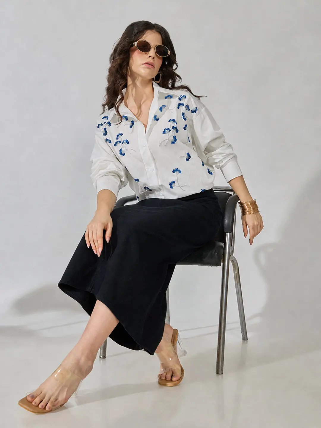 Women's White Floral Oversized Long Sleeve Shirt with Sequin Detail - from SHOWOFFFF