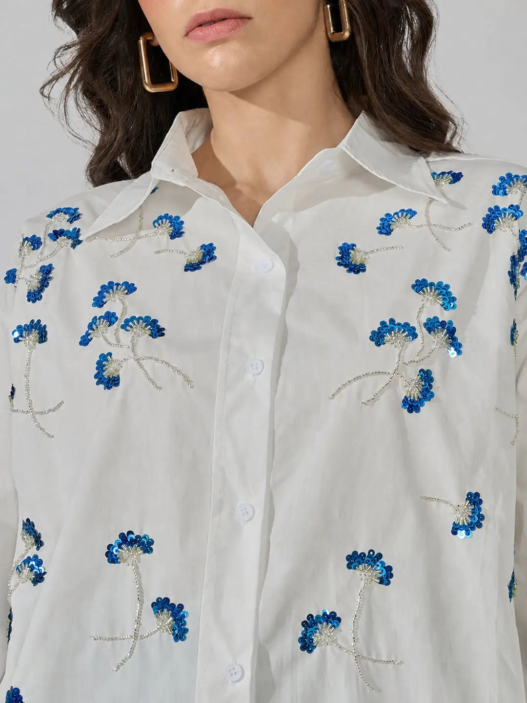 Women's White Floral Oversized Long Sleeve Shirt with Sequin Detail - from SHOWOFFFF