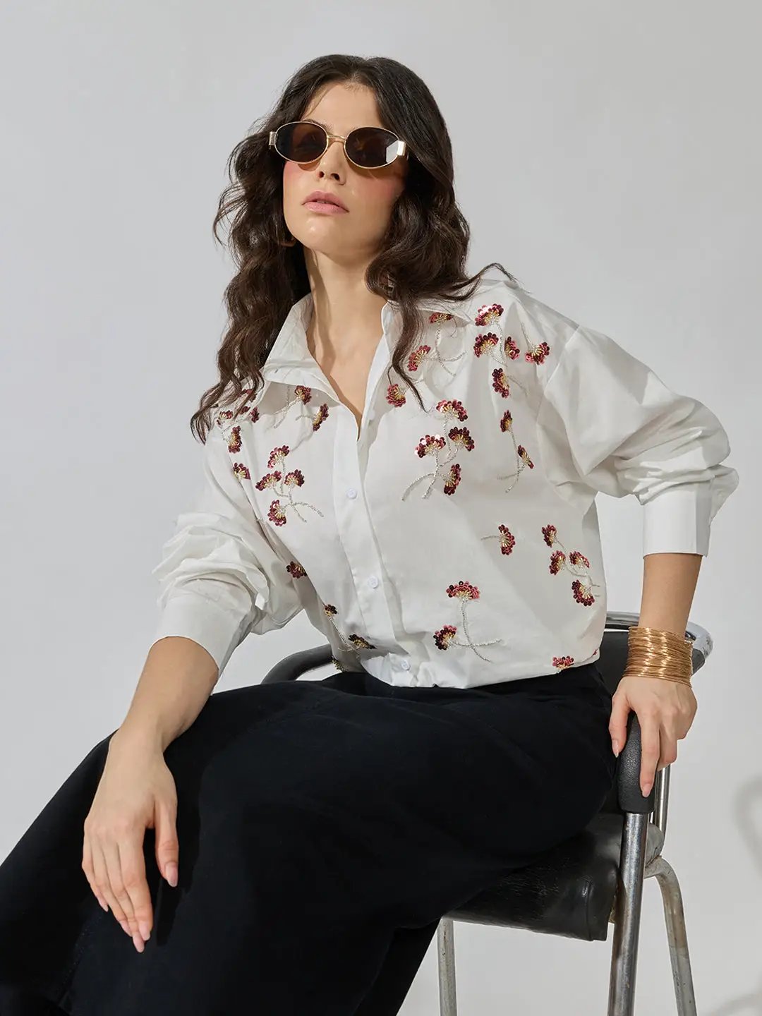 Women's White Floral Oversized Long Sleeve Shirt with Sequin Detail