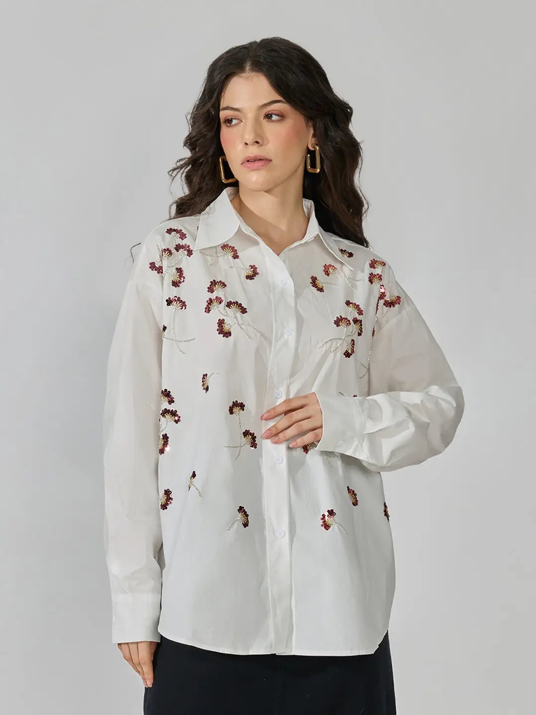 Women's White Floral Oversized Long Sleeve Shirt with Sequin Detail