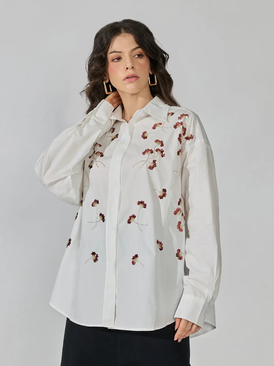 Women's White Floral Oversized Long Sleeve Shirt with Sequin Detail