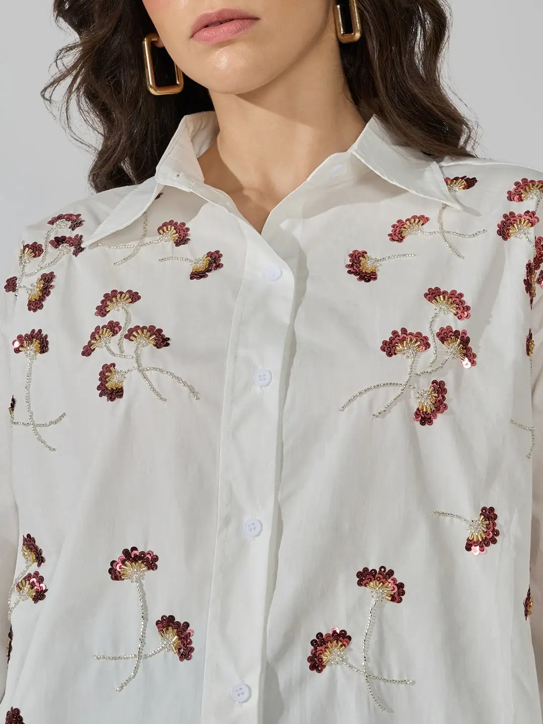 Women's White Floral Oversized Long Sleeve Shirt with Sequin Detail