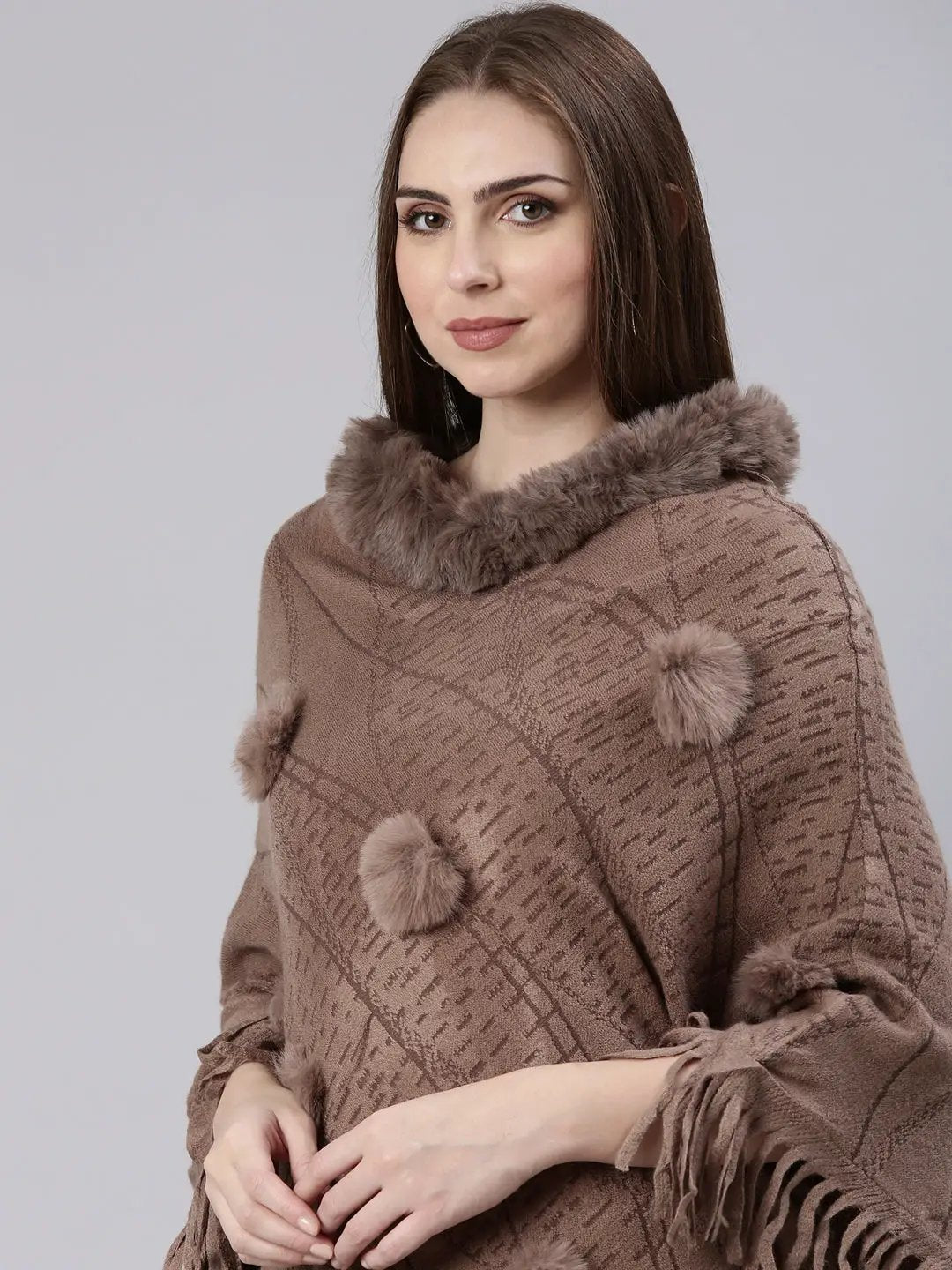 Women's Coffee Brown Self Design Longline Poncho