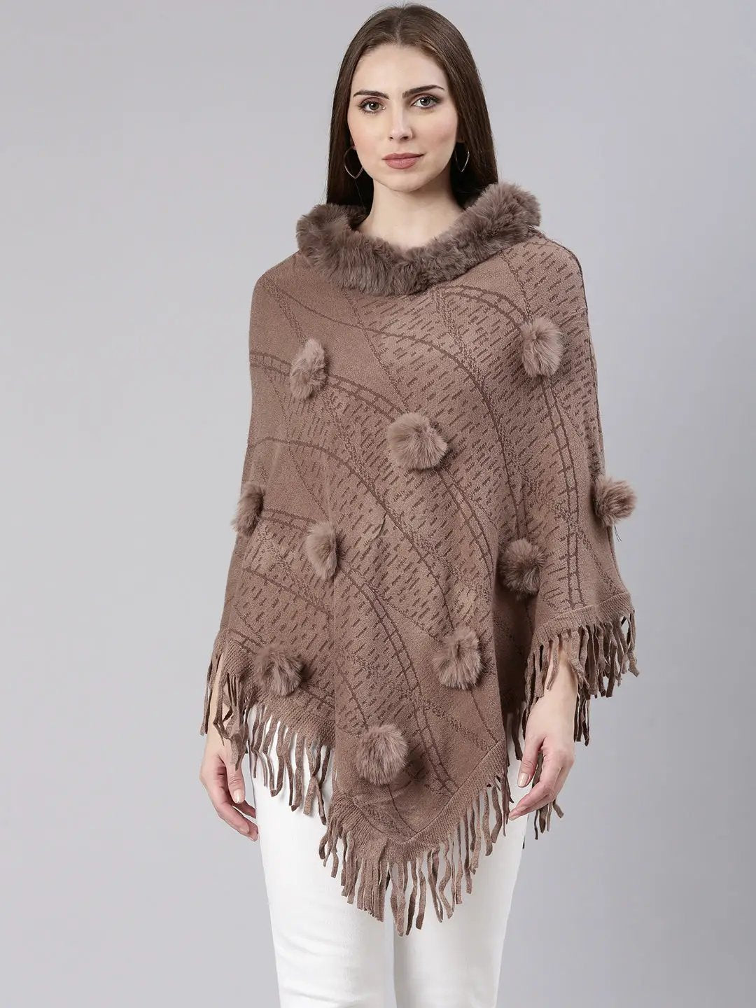 Women's Coffee Brown Self Design Longline Poncho