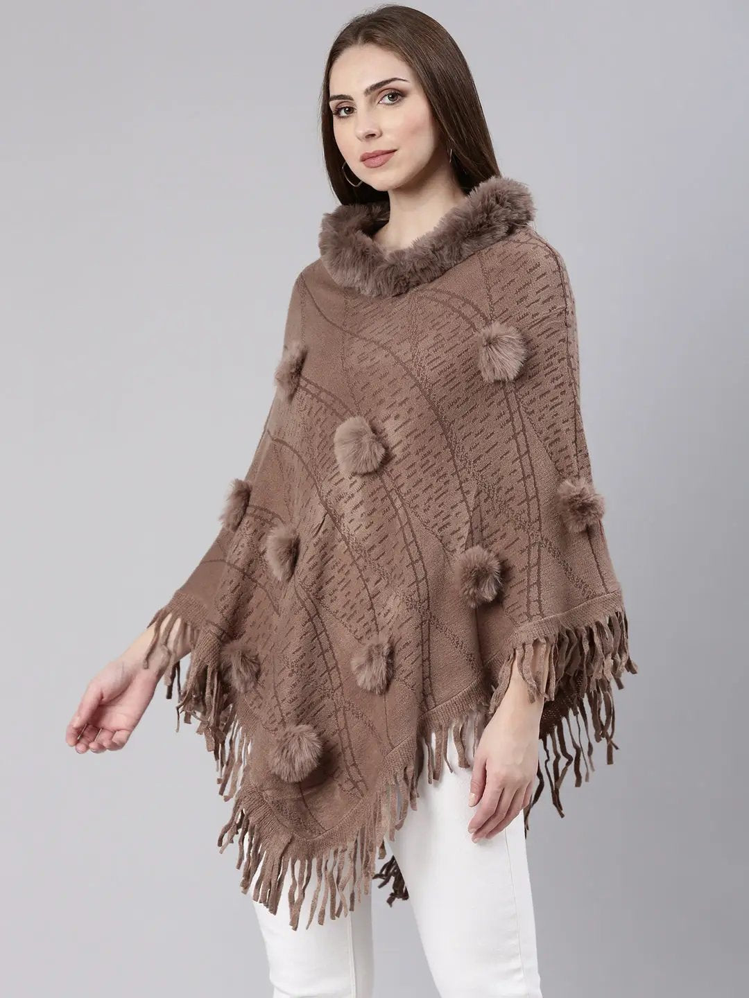Women's Coffee Brown Self Design Longline Poncho