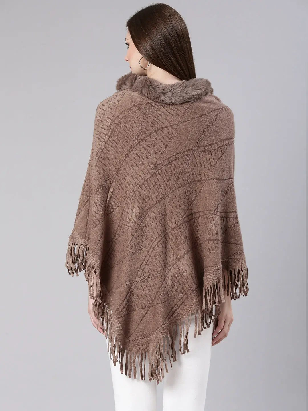 Women's Coffee Brown Self Design Longline Poncho